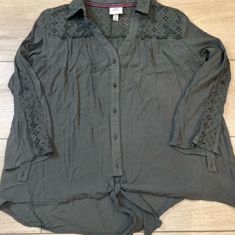 Knox Rose Olive Button-Down Shirt with Lace Accents